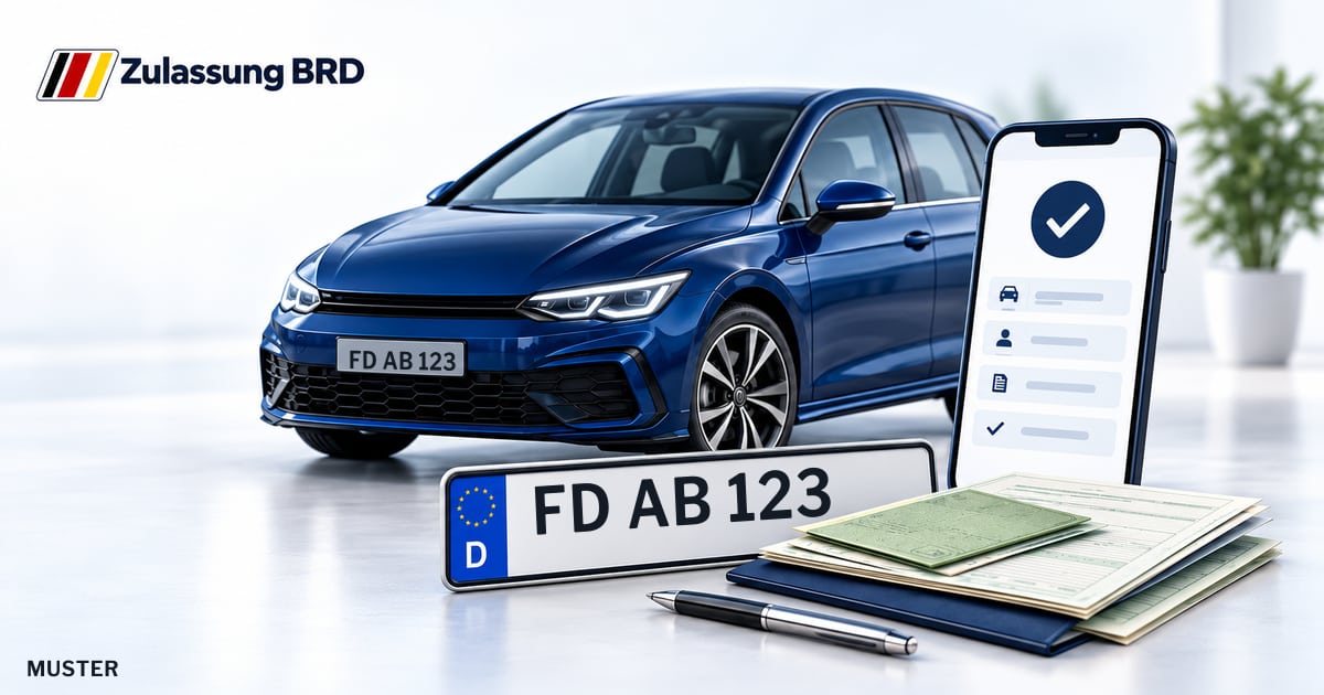 Online Fahrzeugzulassung in Hünfeld: Musterkennzeichen FD AB 123, Auto und Fahrzeugpapiere und Smartphone. Illustration mit Logo von Zulassung BRD.
